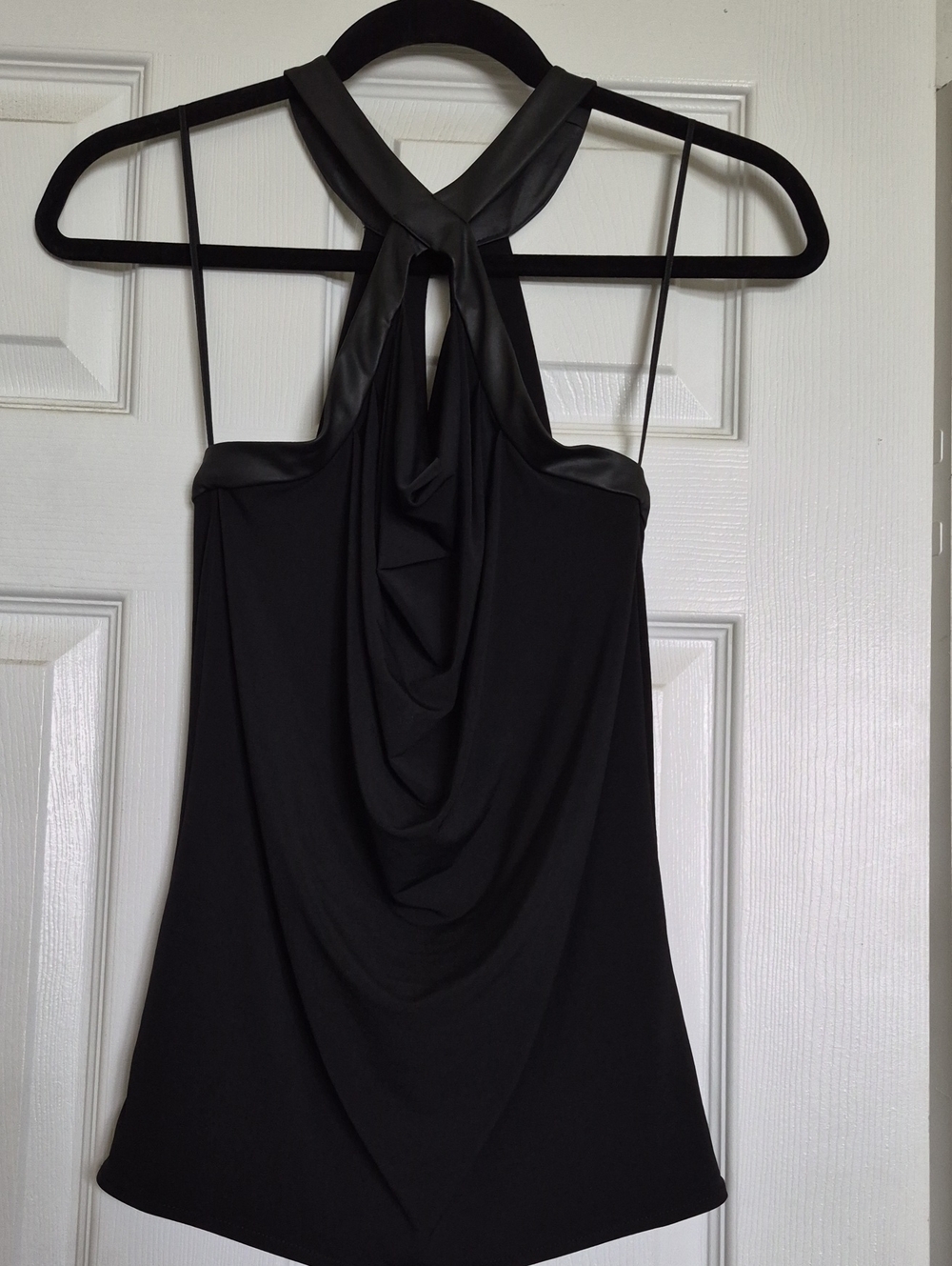 NWT GUESS Black Draped Halter Top with Faux-Leather Trim